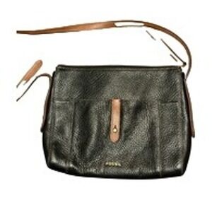Fossil Crossbody Bag Womens Black Brown Pebbled Leather Adjustable Strap Purse
